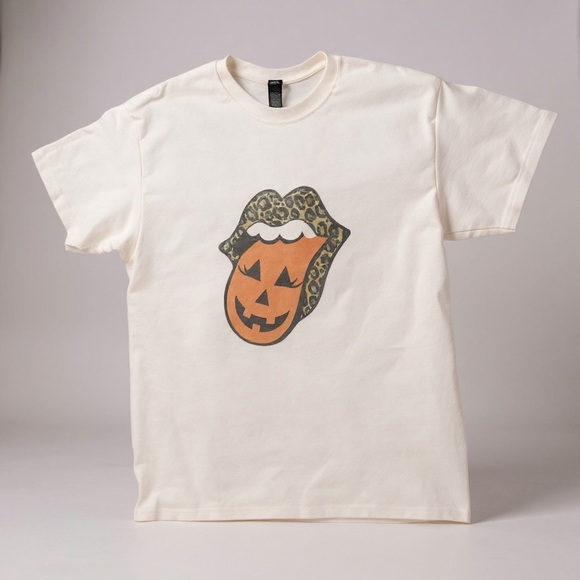 Spooky season white T-Shirt with Pumpkin Lips Design - Picture 1 of 2